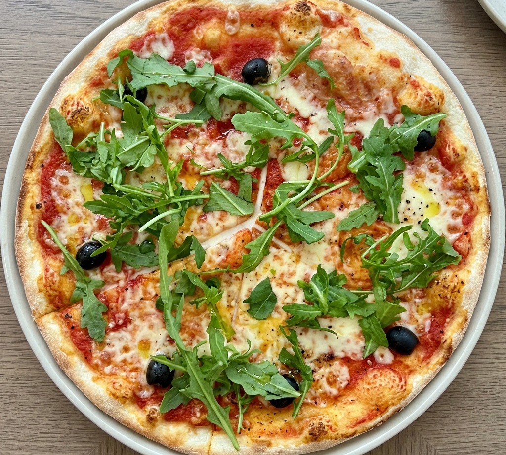 A top-down view of a round pizza topped with fresh, vibrant green arugula leaves and black olives.