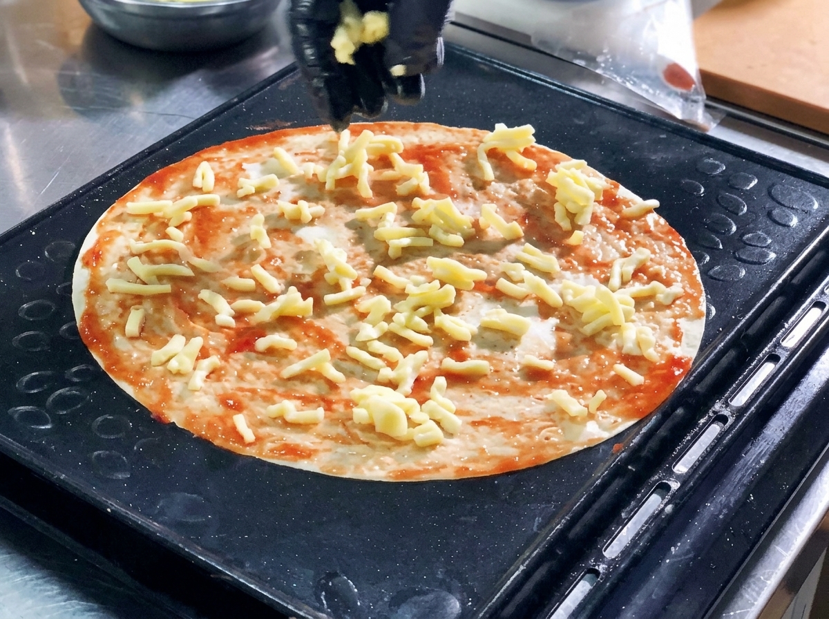 A hand sprinkling white shredded mozzarella cheese over a tortilla pizza base covered in red sauce.