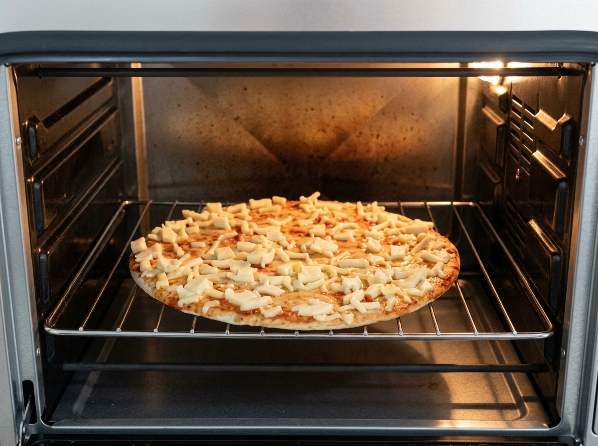 A thin pizza with melted cheese baking on a wire rack inside a hot professional oven.