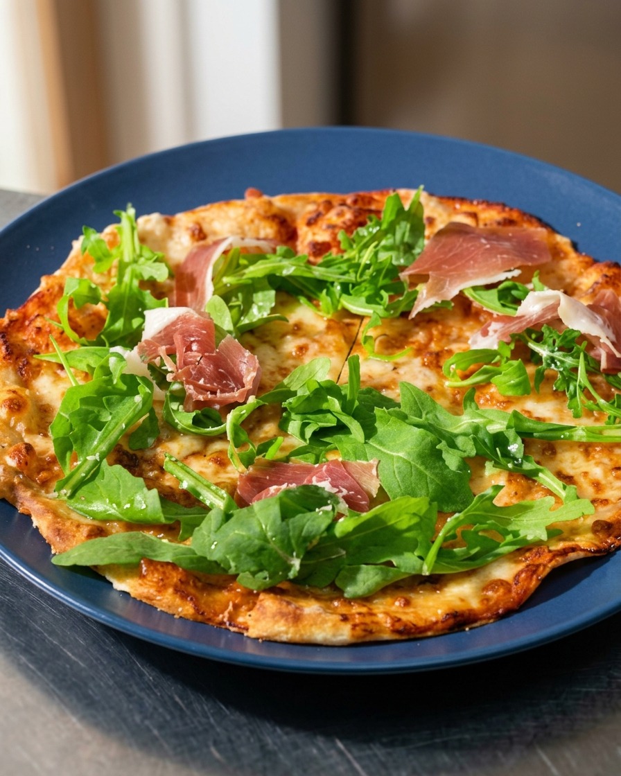 Thin, red slices of cured Iberian ham layered over fresh green arugula on a baked tortilla pizza.