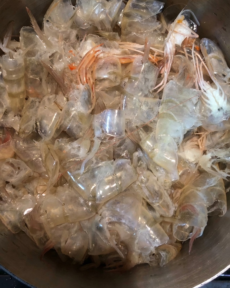 A close-up view of fresh shrimp shells sitting in a metal pot.