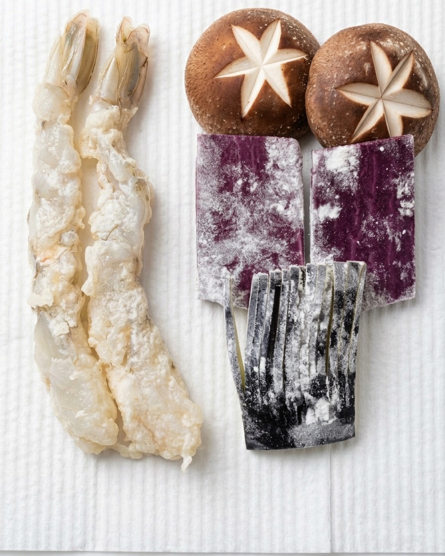 Raw shrimp and sliced vegetables like shiitake mushrooms and eggplant arranged on paper towels.