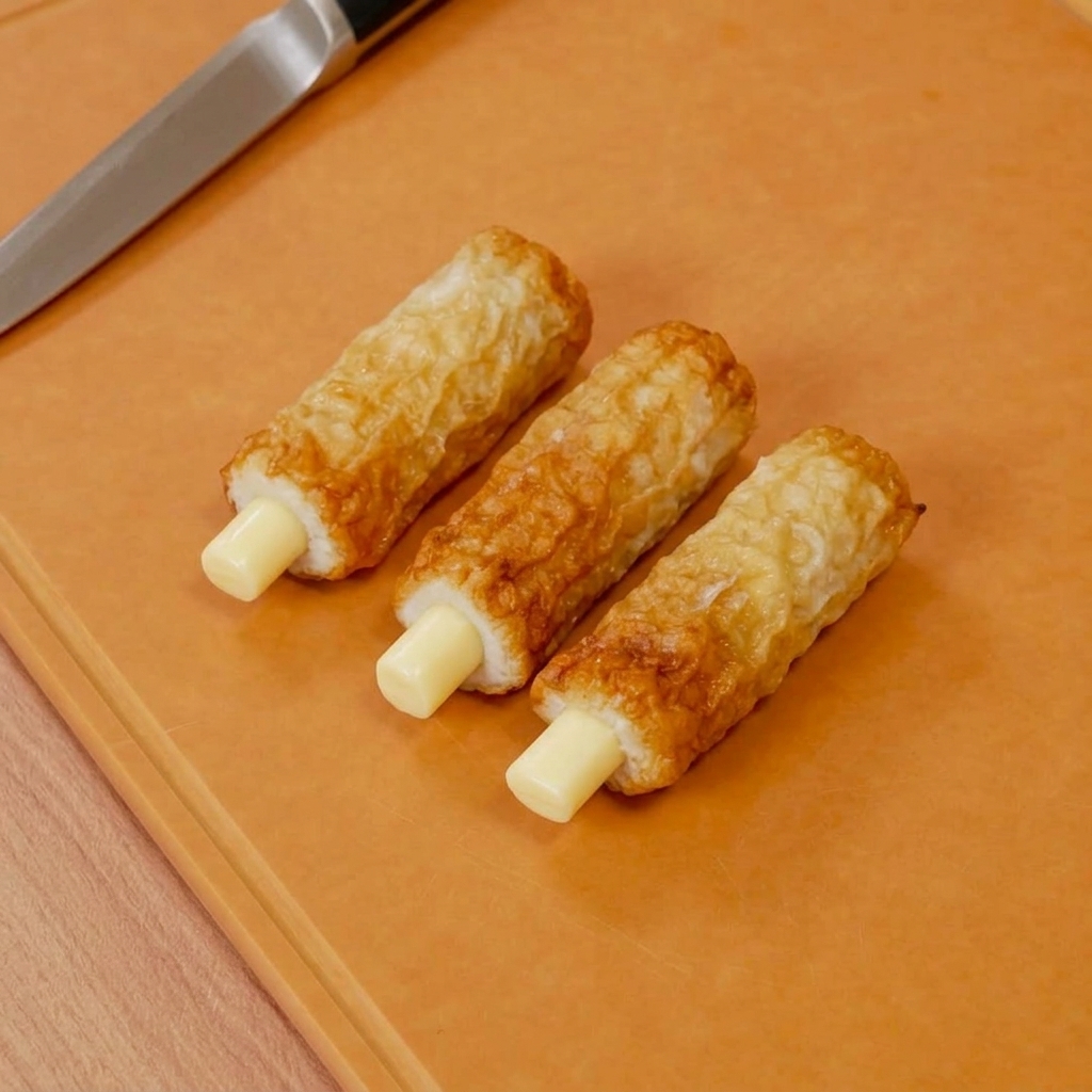Prepared chikuwa fish cakes stuffed with segments of string cheese, ready for battering.