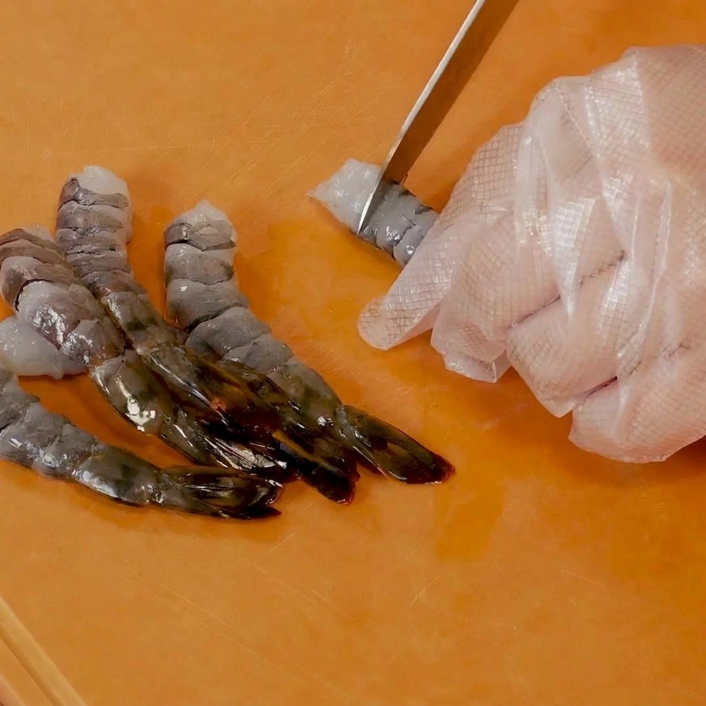 A hand using a knife to make precise, shallow horizontal cuts along the shrimp belly.