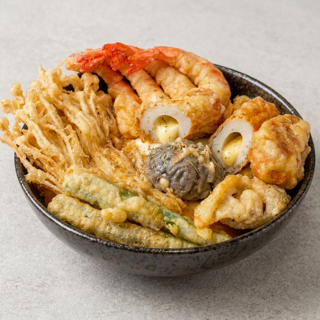 Shiitake mushroom and okra being dipped into tempura batter with chopsticks.