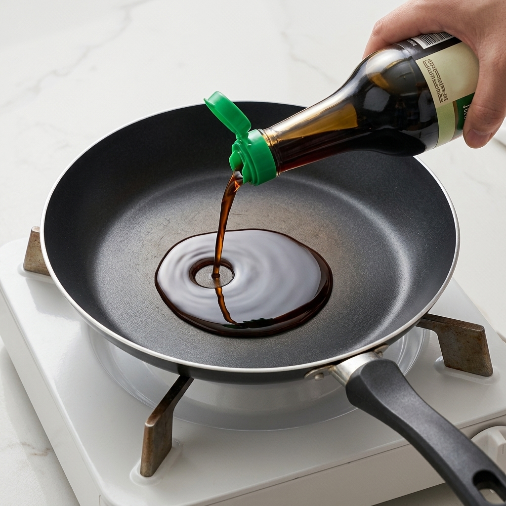 Sauce ingredients simmering in a pan, with a dark soy-based liquid bubbling as it reduces.