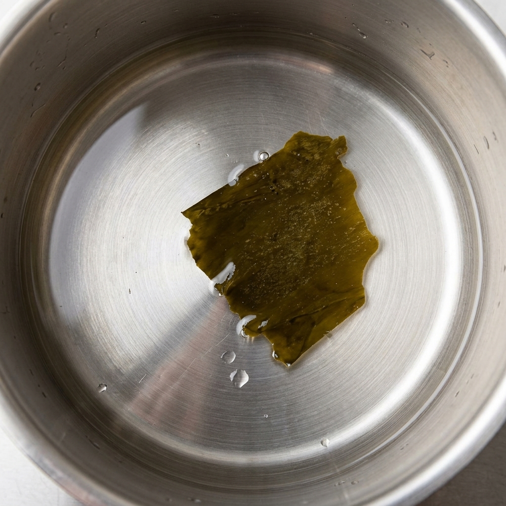 A piece of dried kelp steeping in a pot of cold water over a stovetop burner.