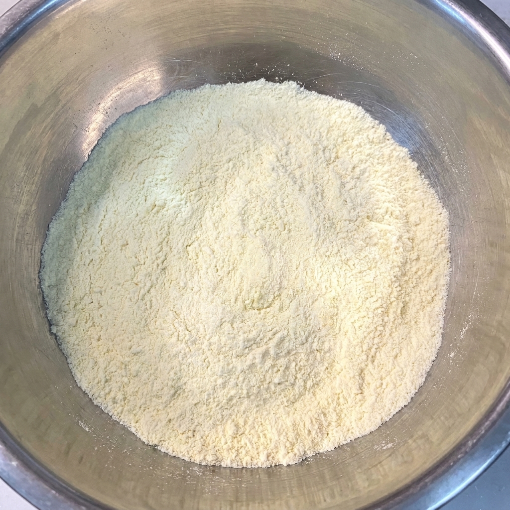 Tempura flour, water, and ice cubes in a metal mixing bowl being lightly stirred.