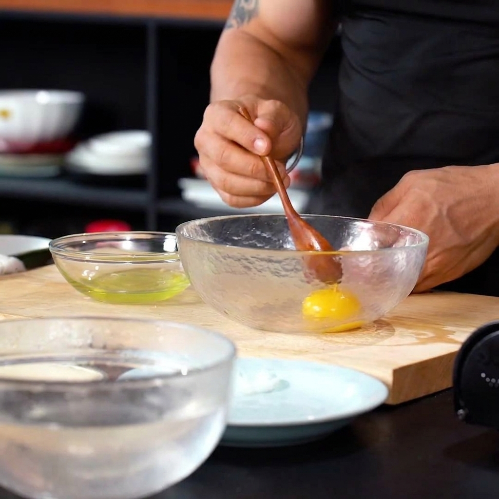 A single egg yolk sitting in a clear glass bowl, isolated from the egg white.
