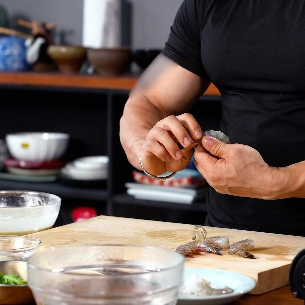 Fresh shrimp with shells removed being cleaned on a wooden cutting board.