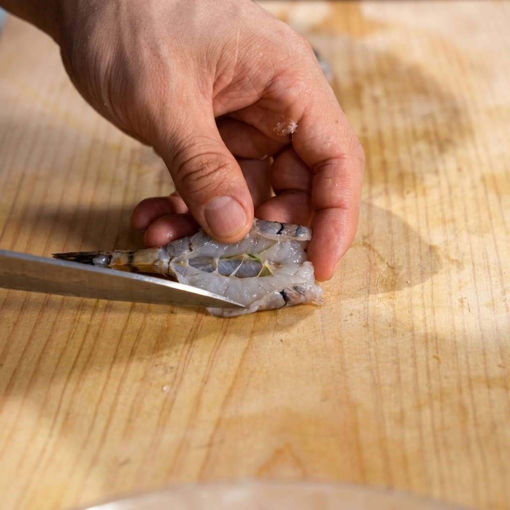 A sharp knife creating small, even incisions along the belly of the cleaned shrimp.