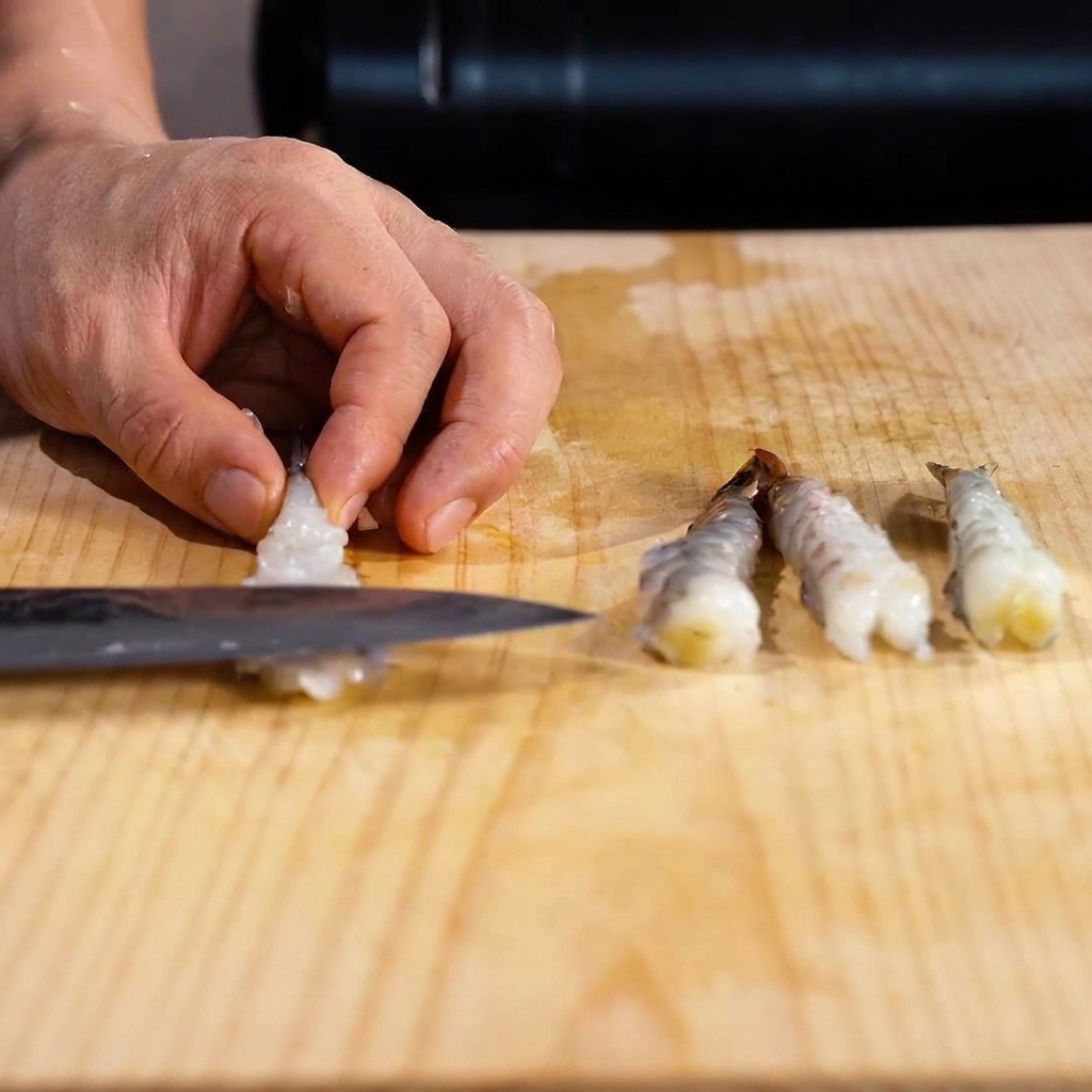 The back of a knife pressing down on the belly of the shrimp to flatten it.