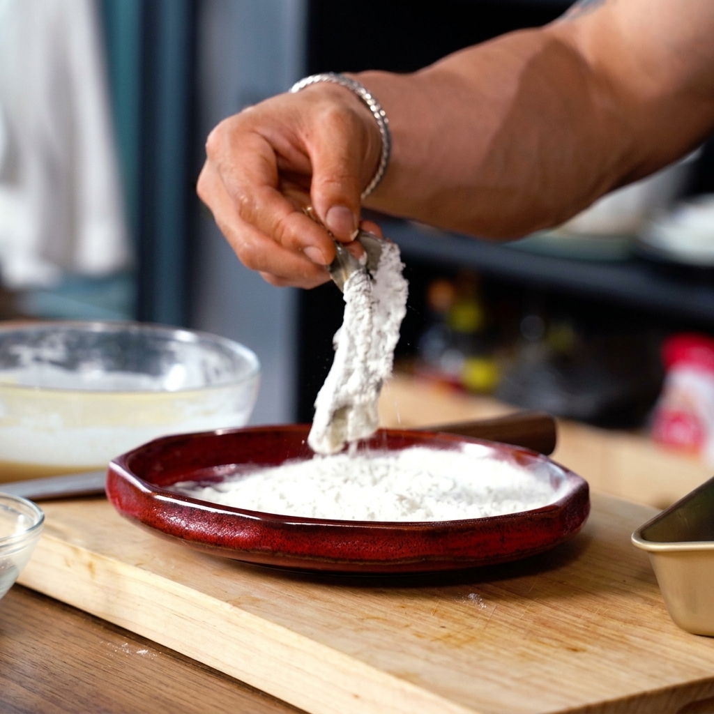 A shrimp being lightly dusted with flour on a red plate.
