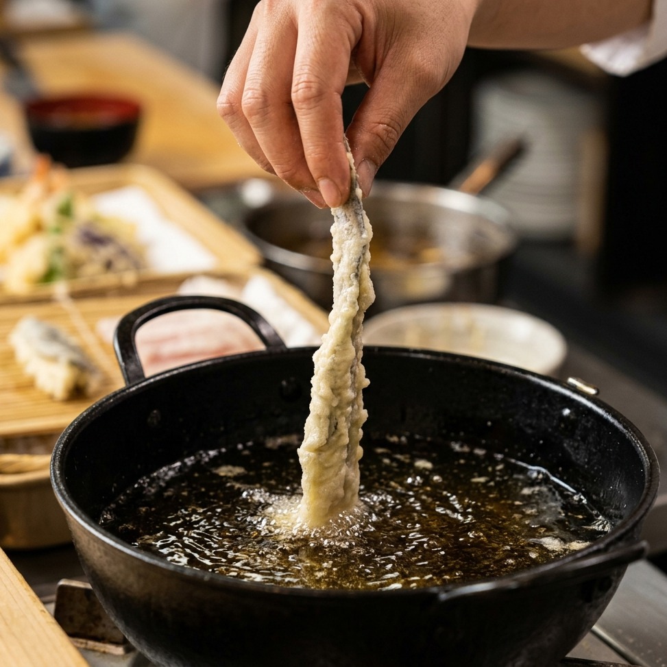 A close-up of a shrimp being coated in a thin, light tempura batter before frying.
