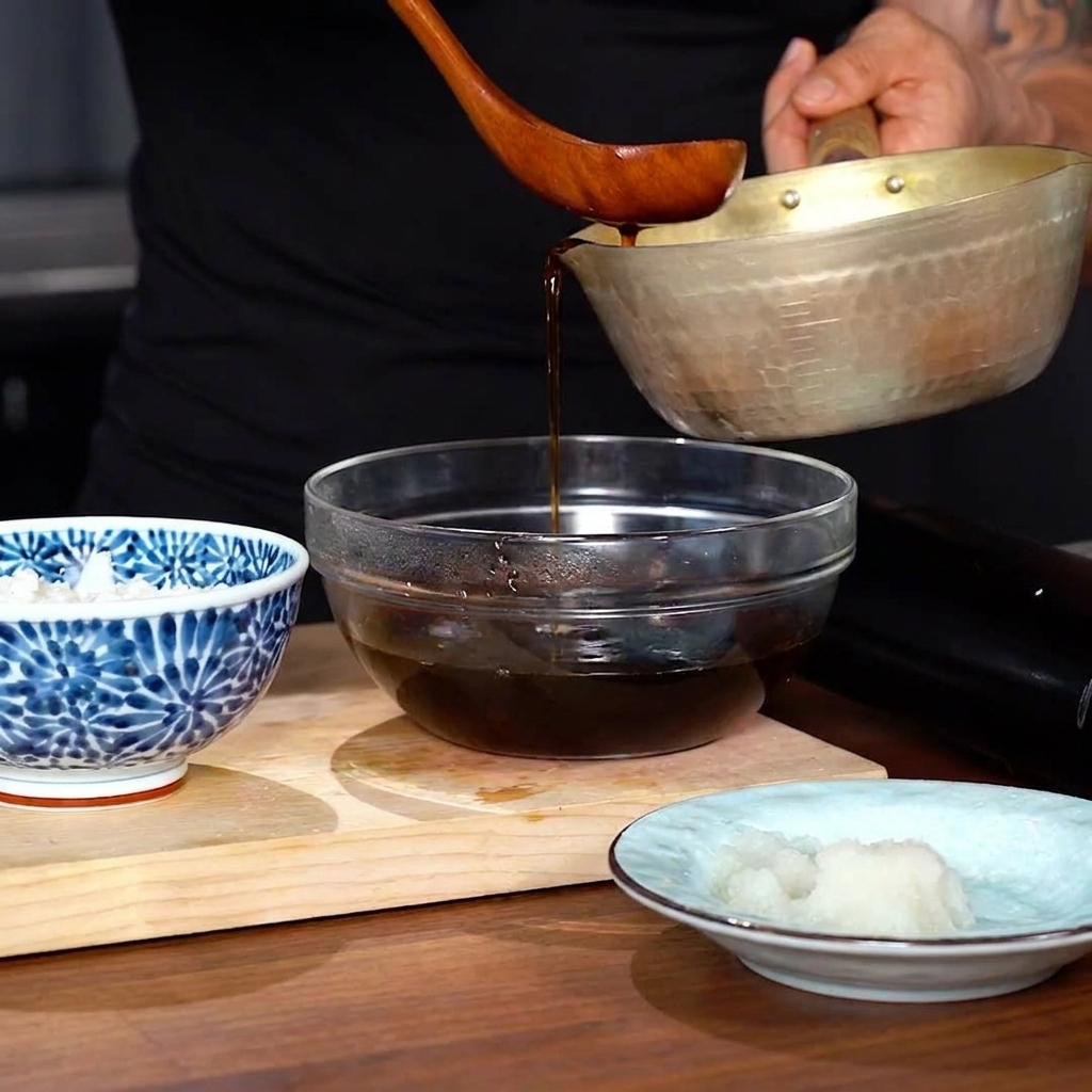 Hot tempura sauce being poured from a traditional metal pot into a glass bowl.