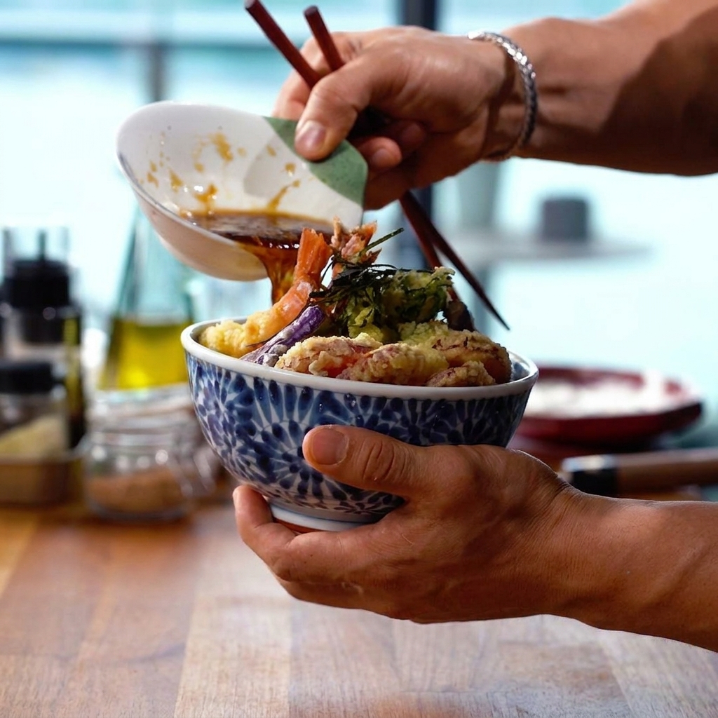 Hot sauce being drizzled over a bowl of crispy tempura served on top of a bed of rice.
