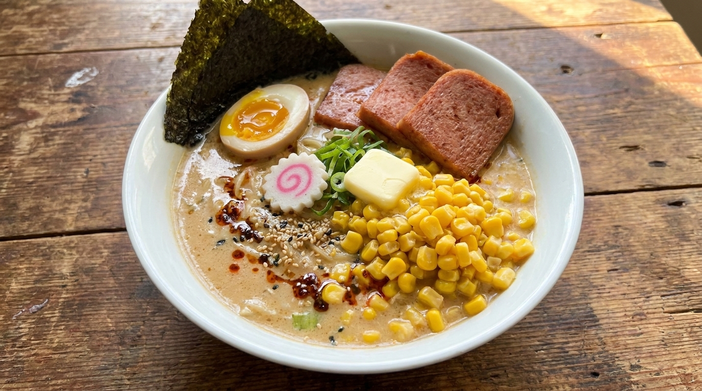 A bowl of Miso Butter Corn Ramen garnished with seaweed, half a boiled egg, ham slices, fish cake, and sweet corn.