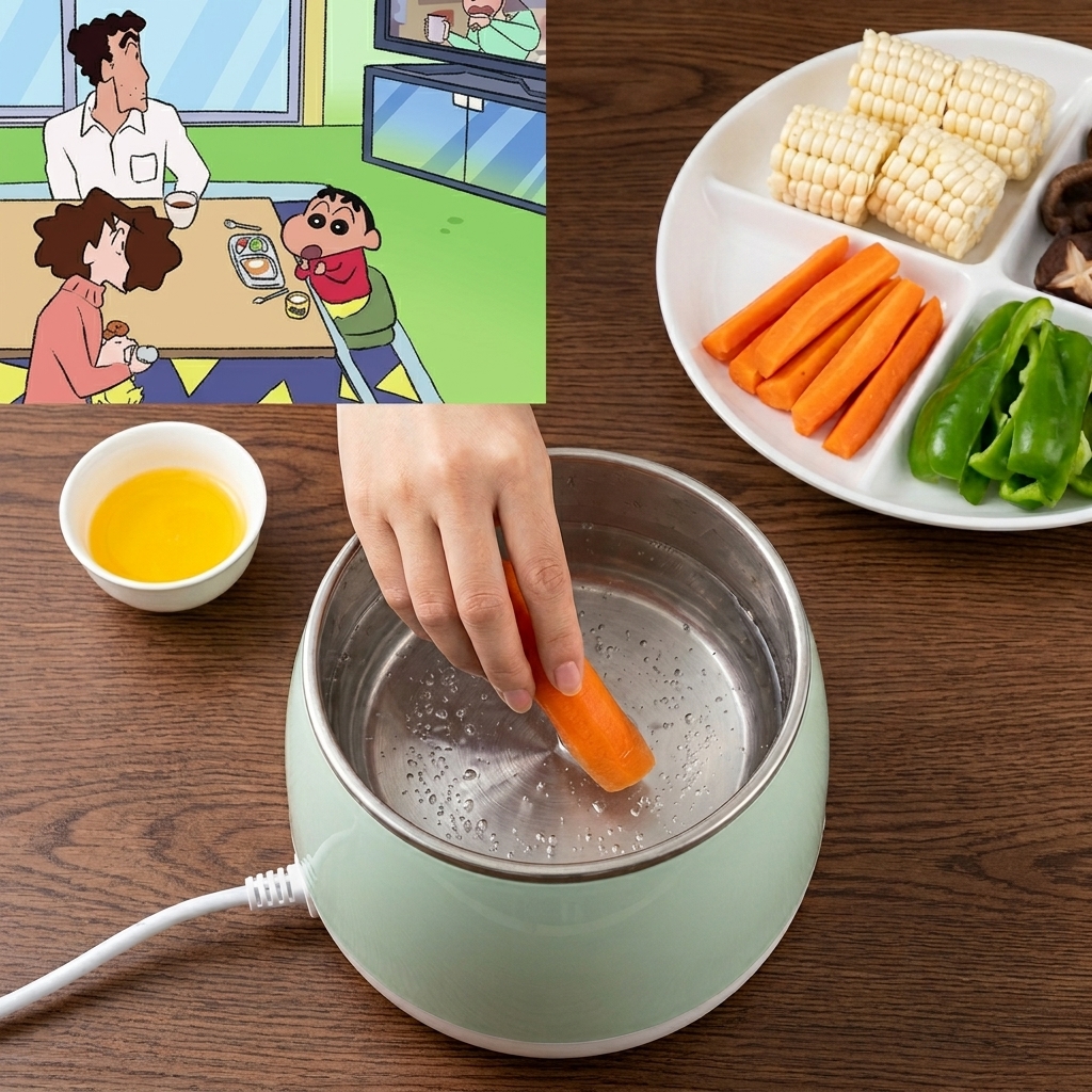 A variety of fresh vegetables including carrots, corn, and mushrooms being added to a pot of water.