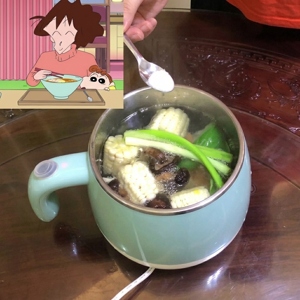 A spoonful of salt being added into the boiling vegetable soup pot.