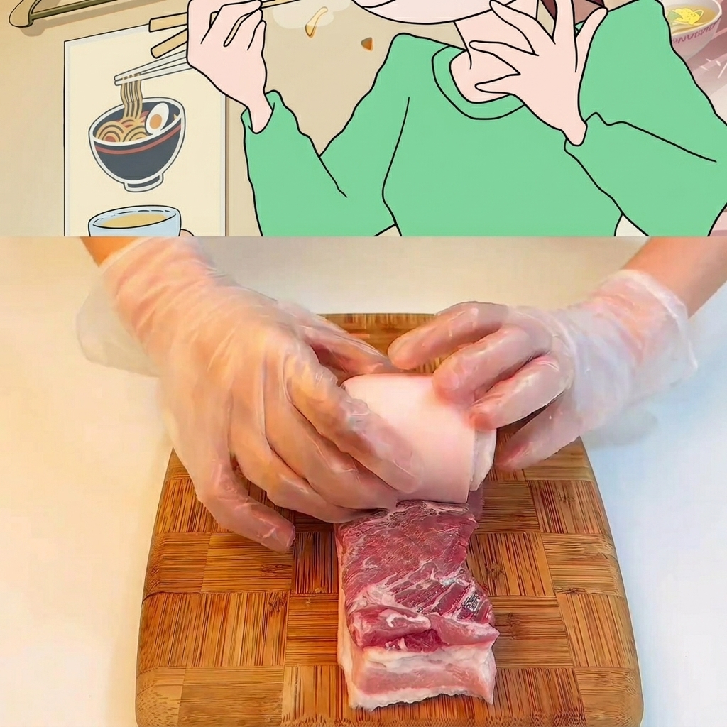 A raw piece of pork belly being rolled and tied with kitchen string on a wooden cutting board.