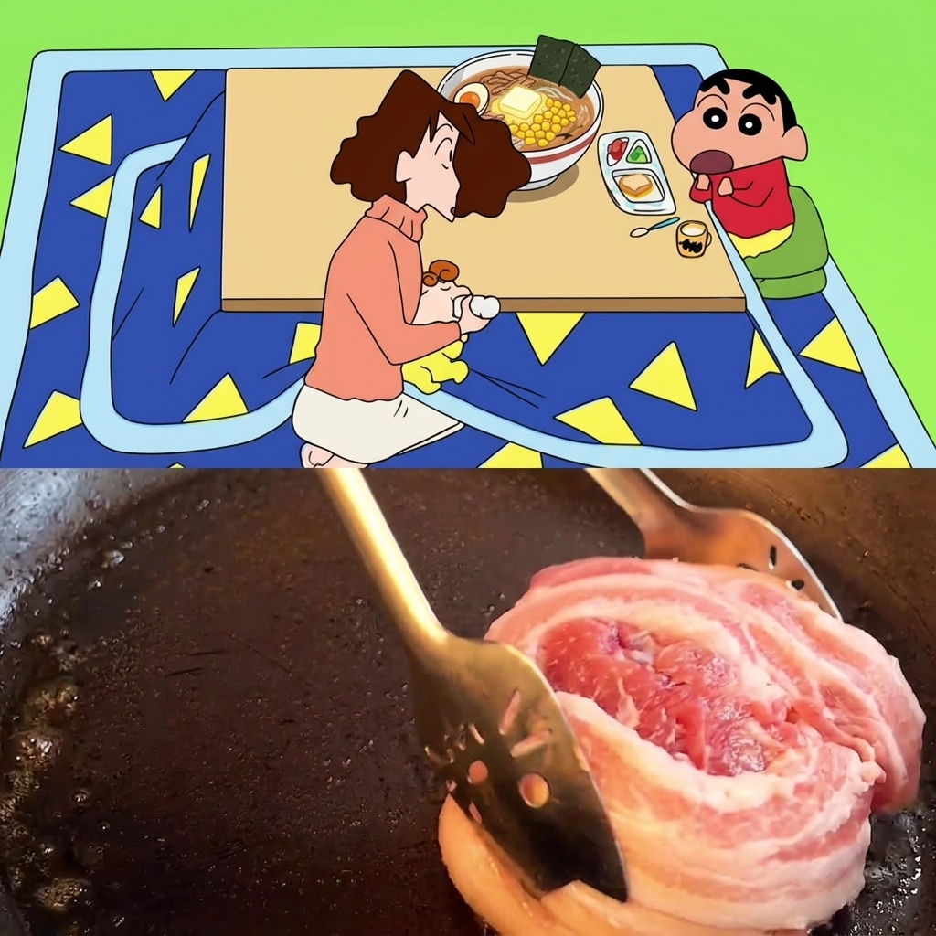 The rolled pork belly browning in a hot pan, being turned with a spatula.