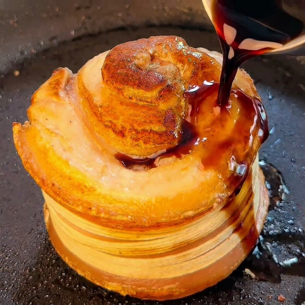 Dark soy-based sauce being poured over the seared pork belly in the skillet.