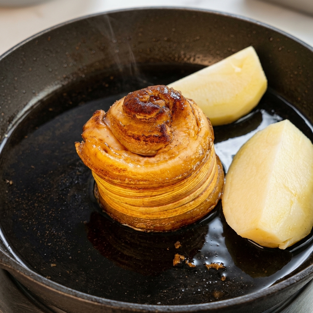 Chunks of onion and green onion being added to the pan with the pork and braising sauce.