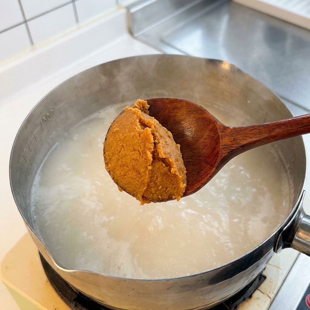 Miso paste being stirred into a pot of boiling bone broth with a wooden spoon.