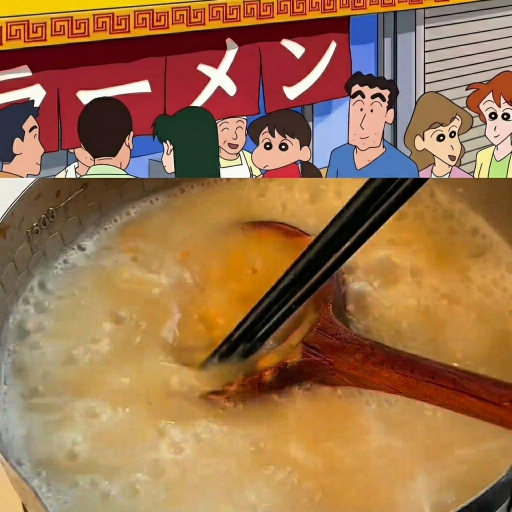 A ladle stirring miso paste, garlic, and ginger into a large pot of bubbling bone broth.