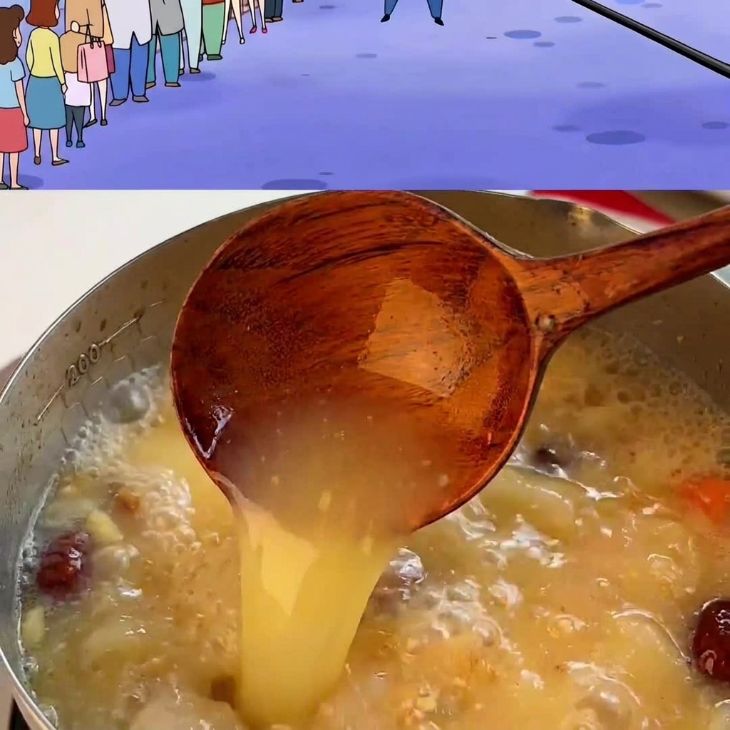 Hot savory miso broth being poured from a wooden ladle into a bowl filled with cooked noodles.
