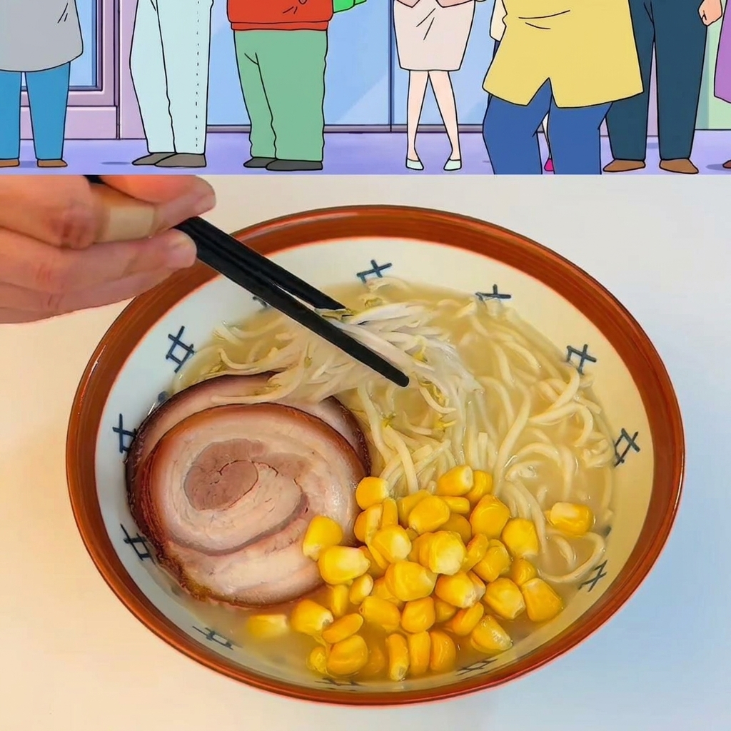 A finished bowl of ramen topped with corn, bean sprouts, bamboo shoots, green onions, and a square of butter.