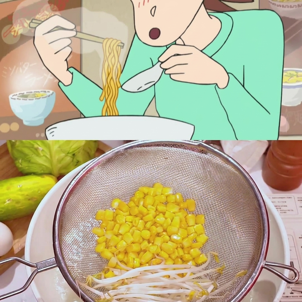 Fresh corn kernels and bean sprouts in a metal strainer being blanched in a pot of hot water.