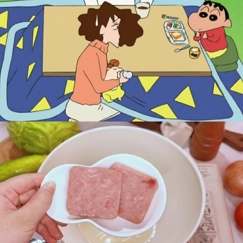 Two slices of luncheon meat sizzling in a pan over a low flame, turning golden brown.