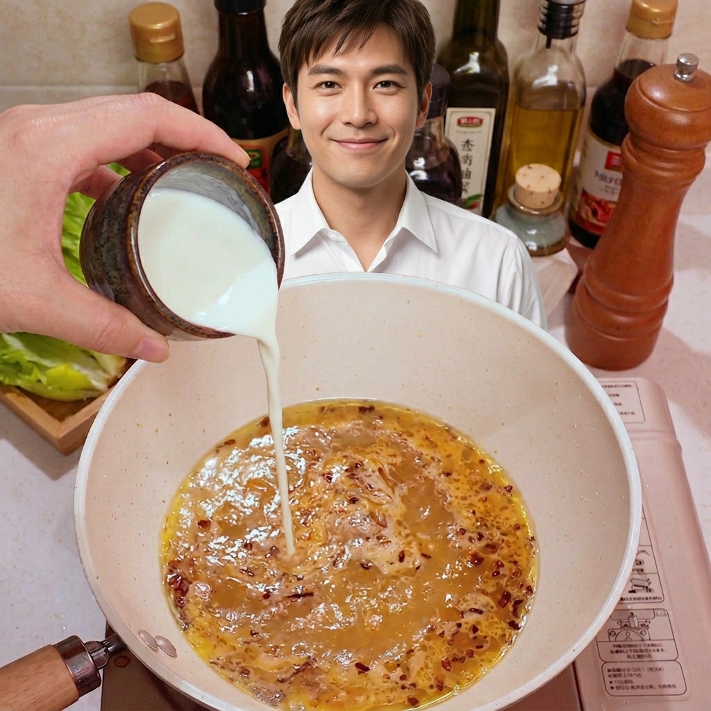 Milk being poured from a small cup into a pan containing a browned garlic and miso mixture.