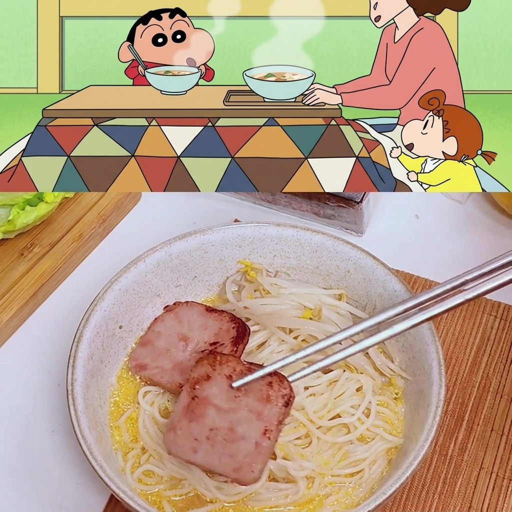 Two slices of pan-fried, golden-brown luncheon meat being placed onto noodles in a serving bowl.