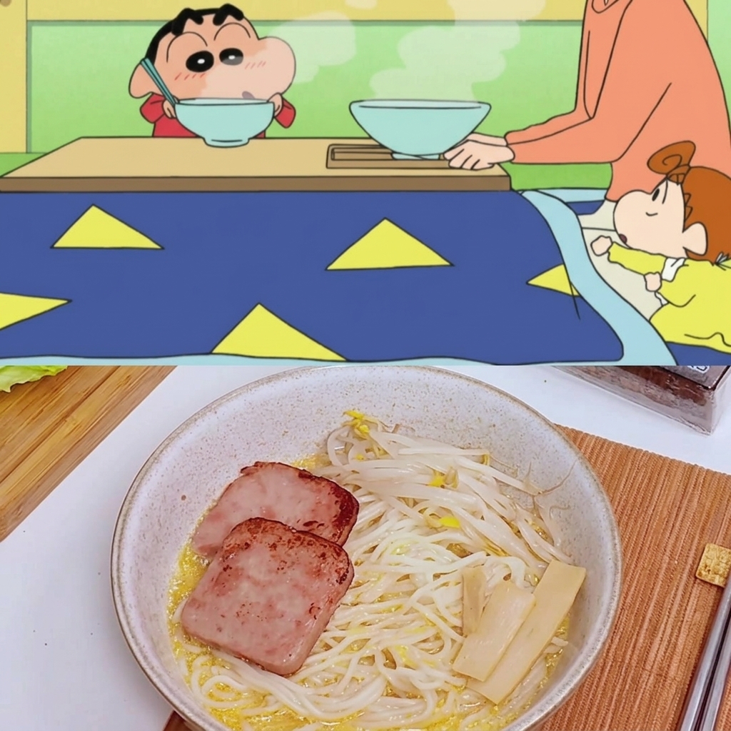 A bowl of ramen topped with luncheon meat, bamboo shoots, corn kernels, and a pat of butter melting into the soup.