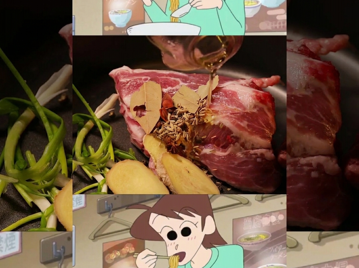 Pork bones, sliced ginger, and whole spices simmering in a large pot of water.