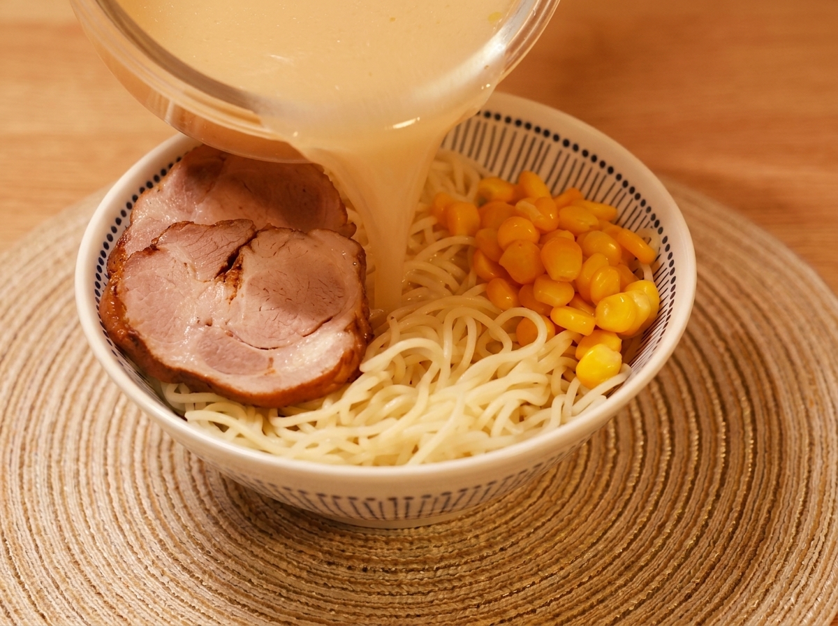 A top-down view of a ramen bowl being filled with creamy miso broth, showcasing the arranged pork, noodles, and corn.