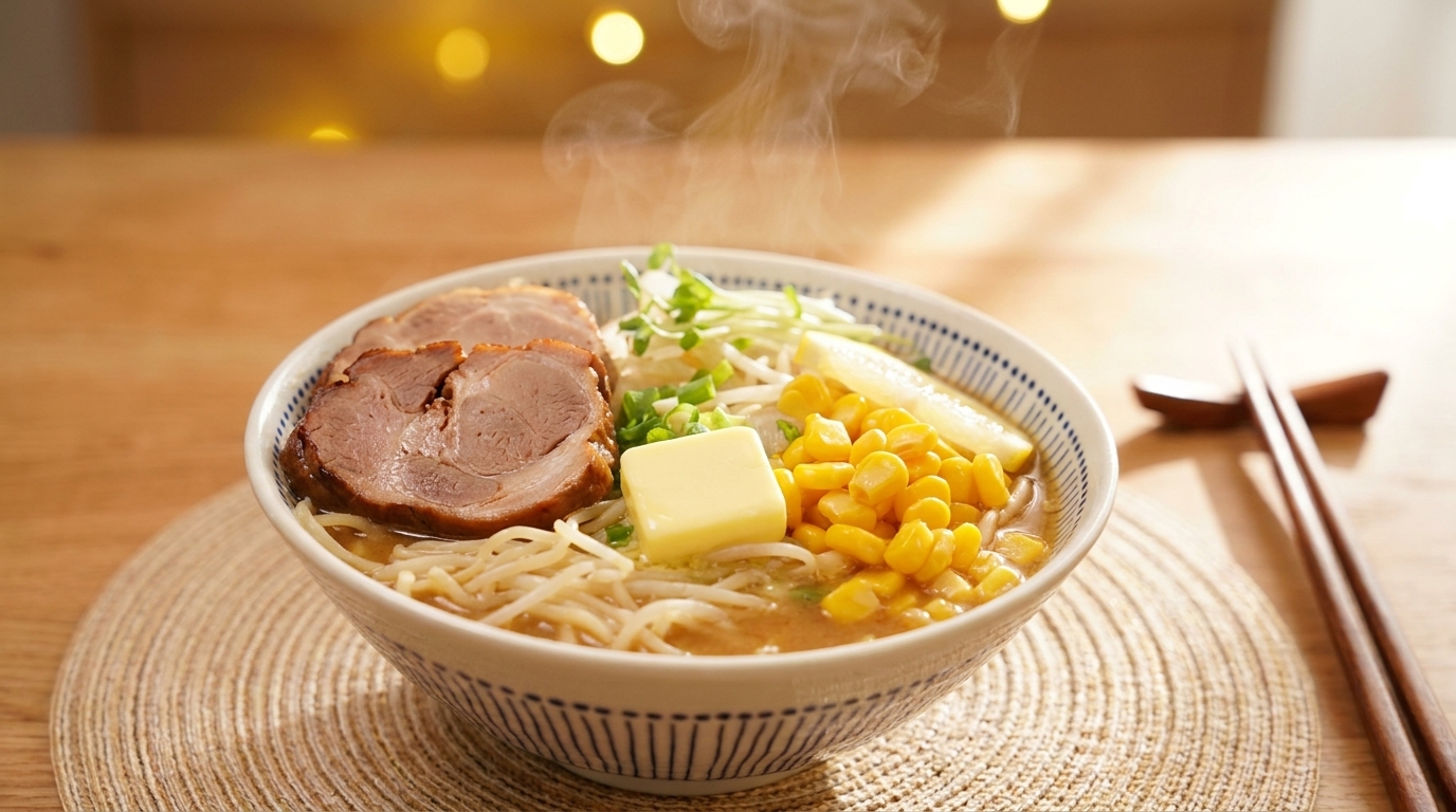 A steaming, restaurant-quality bowl of Miso Butter Corn Ramen featuring tender chashu, sweet corn, and melting butter.