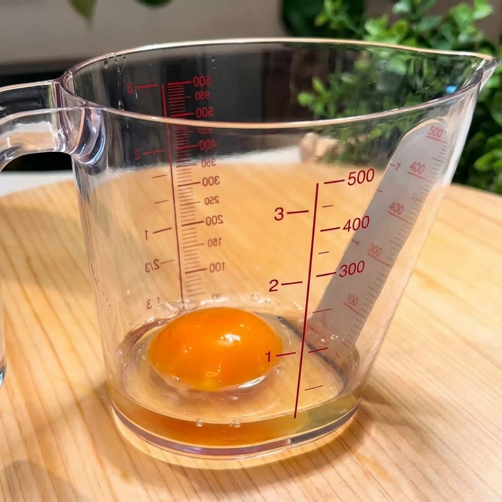 Two eggs being whisked with chopsticks inside a clear measuring cup.