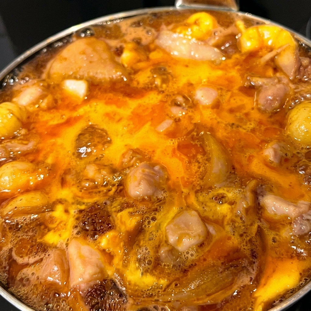 The remaining beaten egg being poured into the pan to complete the dish.