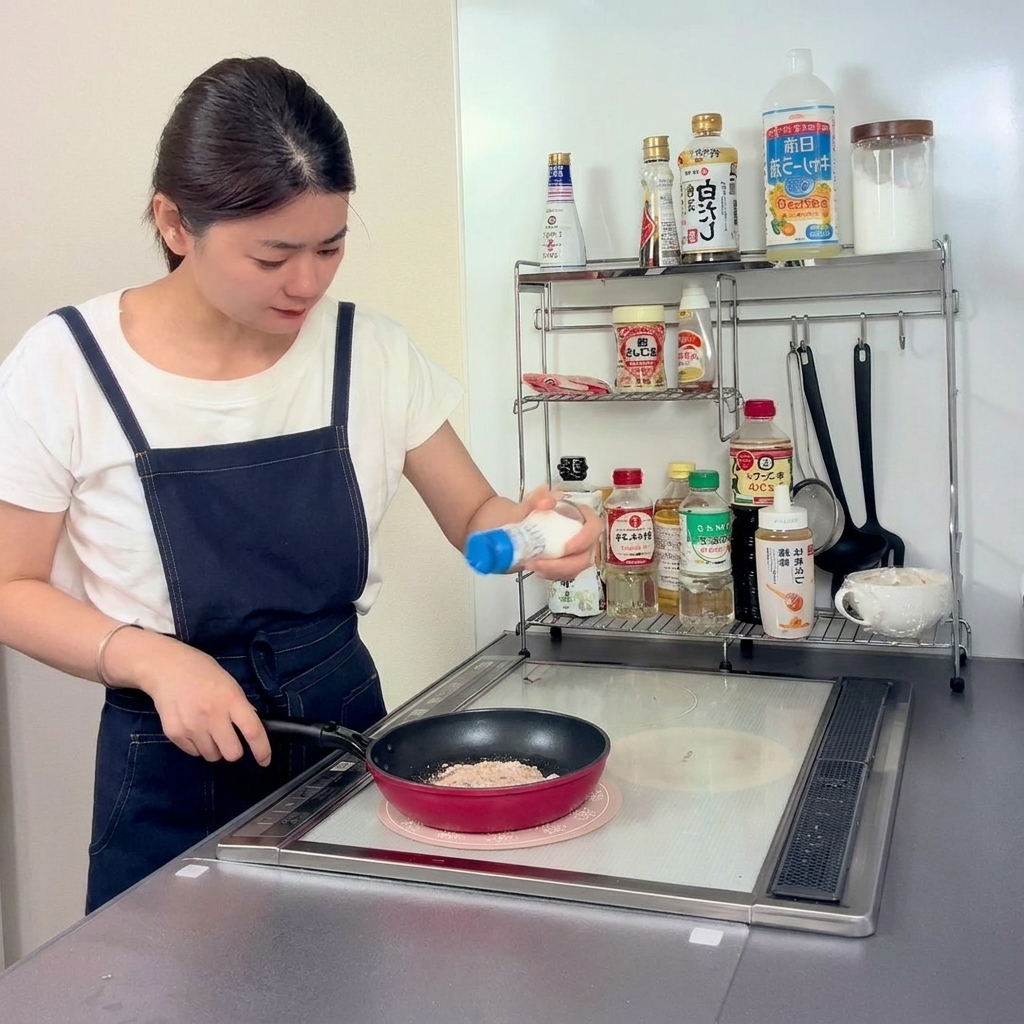 A hand holding a salt shaker and sprinkling salt onto a piece of chicken frying in a pan.
