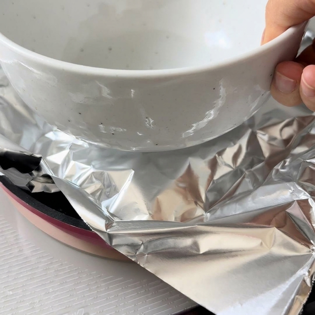 A piece of chicken in a pan, covered with aluminum foil and weighted down by a heavy white bowl.