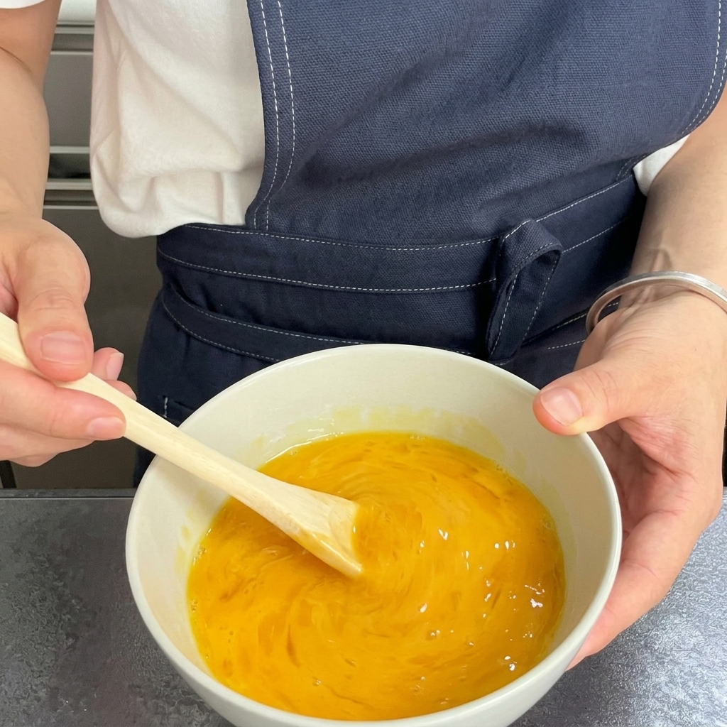 A persons hands holding chopsticks, whisking two eggs in a white bowl, with visible strands of egg white.