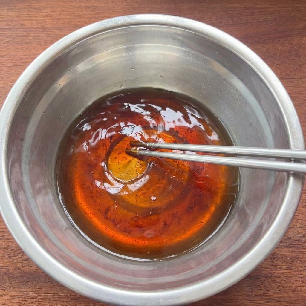A metal bowl containing a dark, seasoned sauce mixture being stirred with chopsticks.
