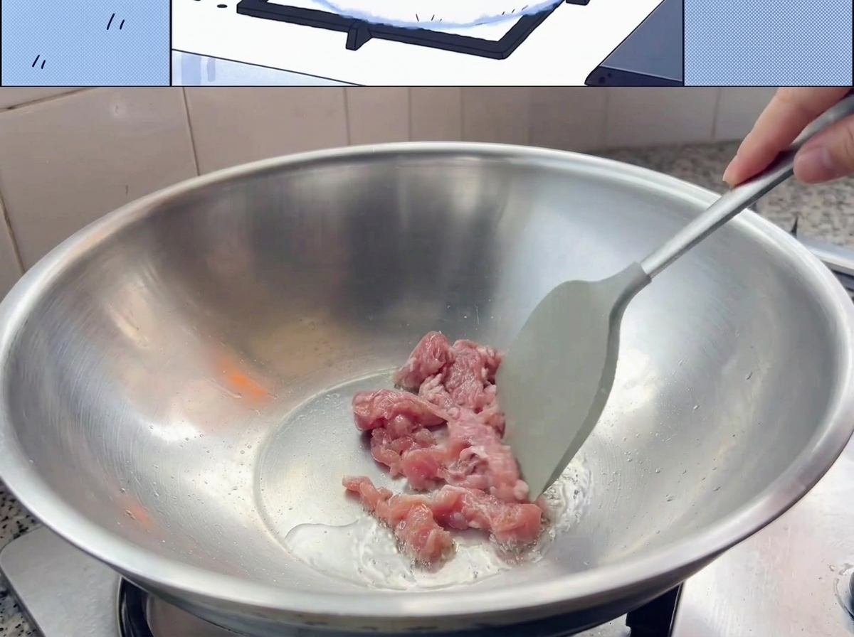 Thin slices of pork being stir-fried in a hot metal wok.