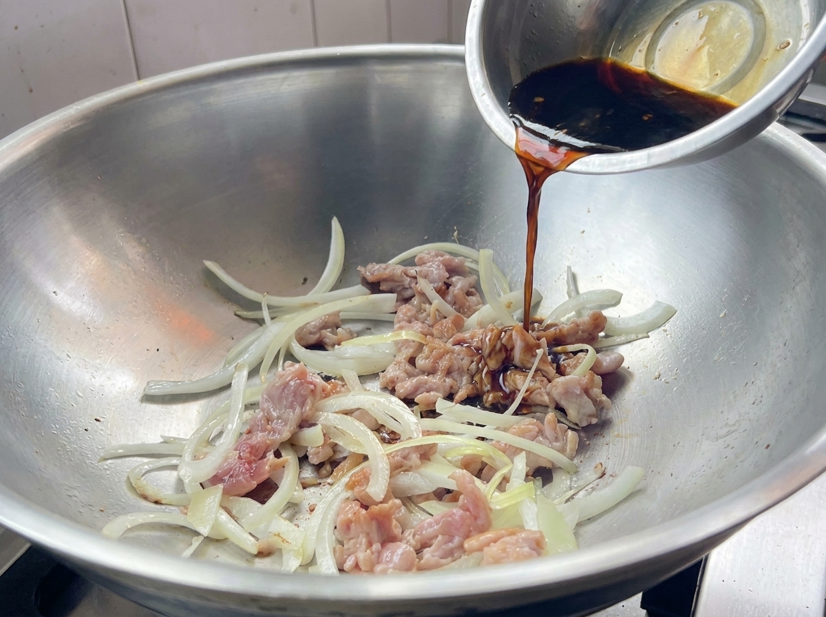 Dark sauce being poured into a wok containing sautéed pork and onion strips.