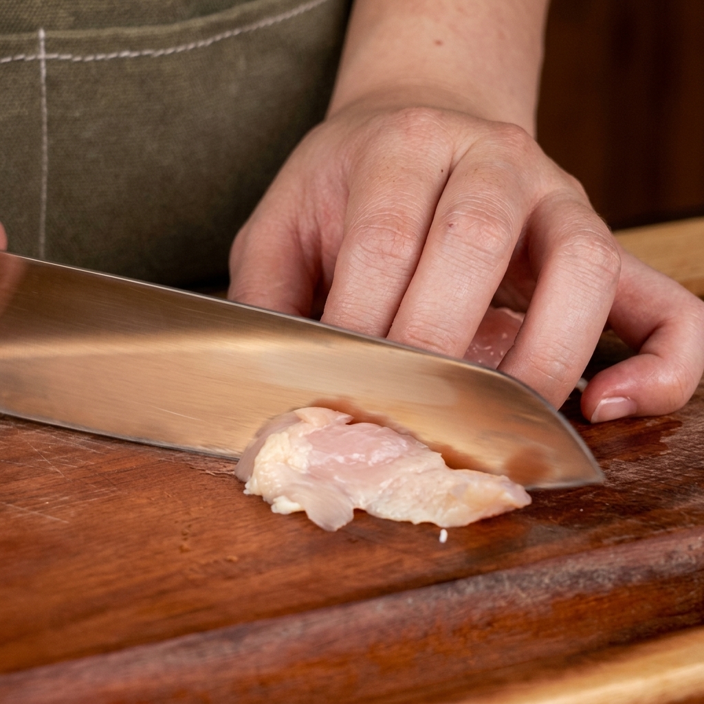 A close-up of a sharp knife slicing boneless chicken thigh into uniform, bite-sized pieces on a clean wooden cutting board.