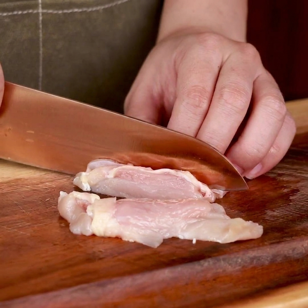 Organic soy sauce being poured over raw, cut chicken pieces in a white bowl.