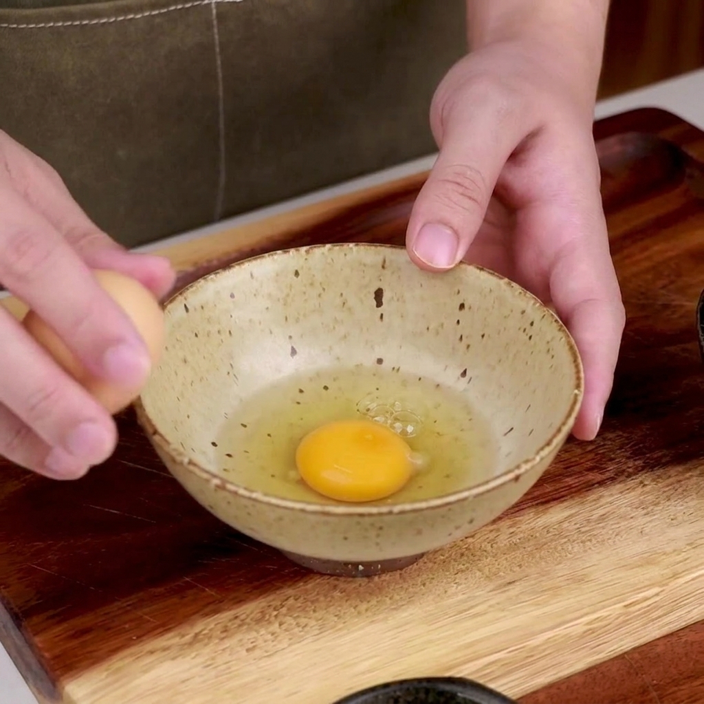 Two eggs cracked into a beige bowl, with black pepper and sea salt being added from a grinder.